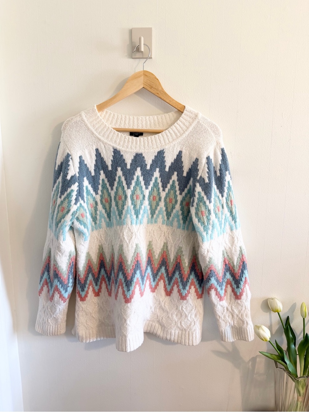 Talbots Petite Fair Isle Cable Knit Sweater Women’s LP Ivory Blue
